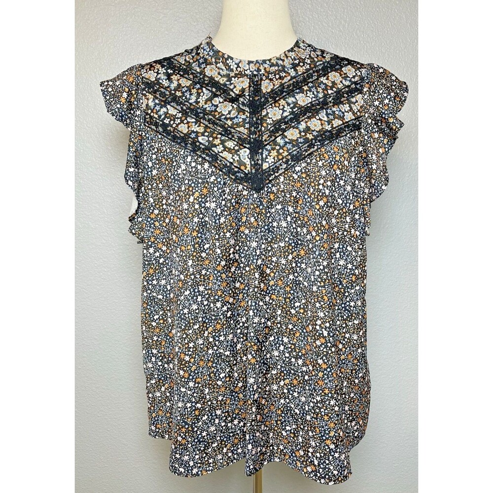H Halston NWOT womens ruffle mock neck floral womens top sz M cottage fairy